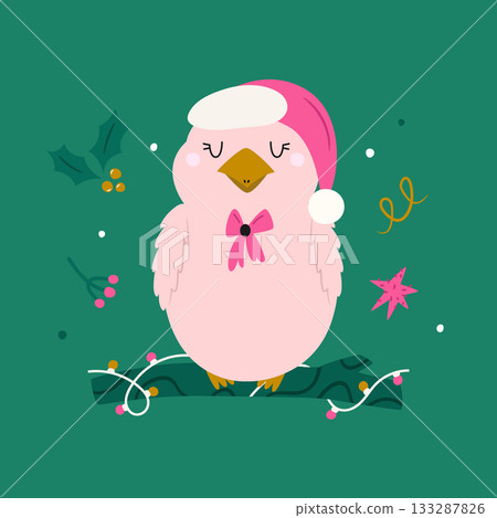 Cute Pink Christmas Kookaburra Bird Illustration with Santa Hat and Bow, Festive Holiday Animal Art on Green Background 133287826