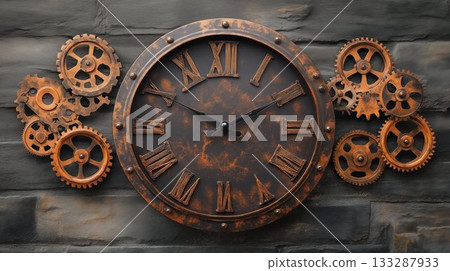 Vintage Steampunk Clock with Gears Industrial Wall Decor Design Vintage Steampunk Clock with Gears Industrial Wall Decor Design 133287933