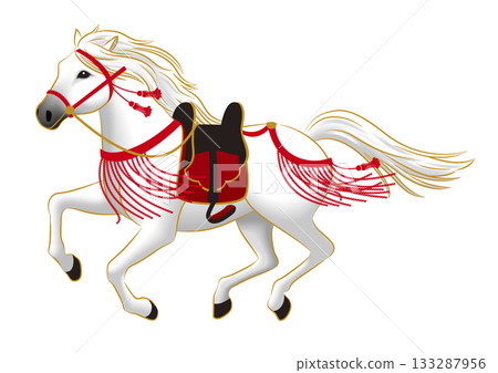 Running White Horse with Japanese-style decorations and saddle Running White Horse with Japanese-style decorations and saddle 133287956