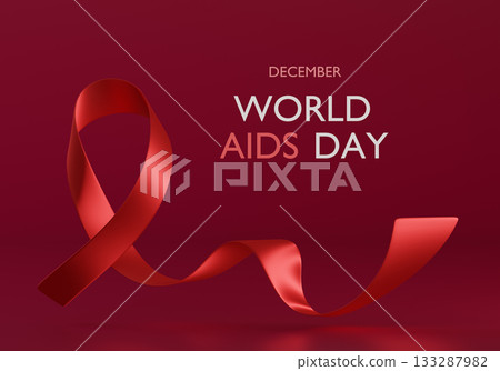 Global World AIDS Day. World AIDS awareness. 3d Red ribbon Awareness, disease prevention and community solidarity against AIDS. Background Horizontal Web Banner. 3d render 133287982