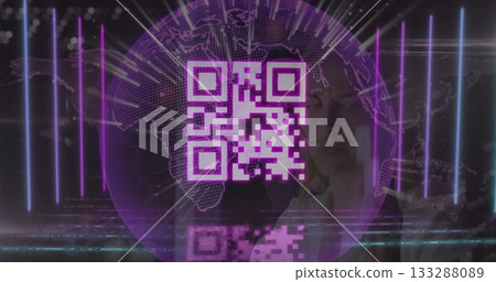 Projecting stylized purple QR code hovering over dotted globe interface, with neon bars reflection Projecting stylized purple QR code hovering over dotted globe interface, with neon bars reflection 133288089