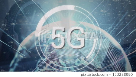 Subtle tech professional wearing blazer interacting in virtual hub, displaying holographic 5G globe 133288090