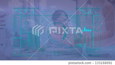 Collaborating colleagues analyzing holographic data dashboard at studio, with laptop and tablet Collaborating colleagues analyzing holographic data dashboard at studio, with laptop and tablet 133288092