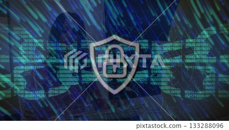Displaying shield padlock icon hovering over hooded woman in virtual space, with neon data streams 133288096