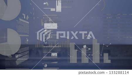 Presenting three translucent bar charts with overlaid line graph on analytics dashboard with tables 133288114