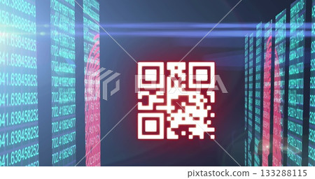 Hovering red-and-white QR code in data hall, with panels of turquoise data and magenta fingerprints 133288115