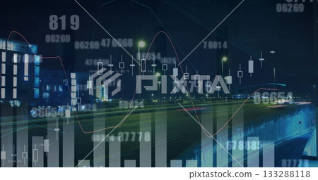 Overlay floating over highway at night, with candlestick, line and bar charts and numeric tickers Overlay floating over highway at night, with candlestick, line and bar charts and numeric tickers 133288118