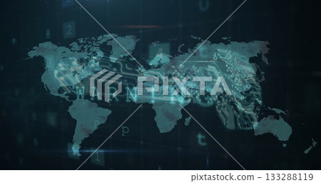 Displaying stylized world map over virtual network backdrop, with glowing circuit paths and digits 133288119