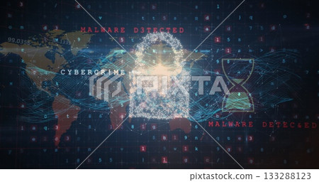 Displaying padlock icon on cyber grid, world map, waves, hourglass and CYBERCRIME or MALWARE labels Displaying padlock icon on cyber grid, world map, waves, hourglass and CYBERCRIME or MALWARE labels 133288123