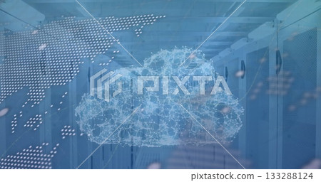 Hovering network cloud graphic glowing in server corridor, with dotted world map overlay 133288124