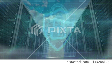 3D padlock hovering in data center corridor, with server racks, binary streams and gridline overlay 3D padlock hovering in data center corridor, with server racks, binary streams and gridline overlay 133288128