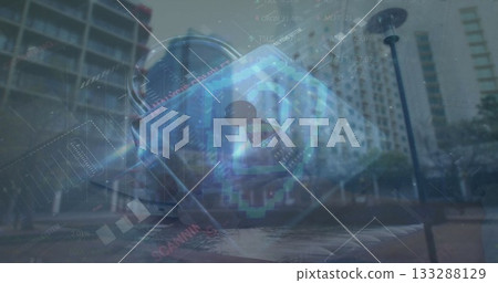 Floating silver padlock with blue keyhole over plaza fountain showing circuit and code overlays 133288129