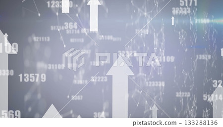 Displaying ascending white arrow rising at data interface with floating numbers and network lines Displaying ascending white arrow rising at data interface with floating numbers and network lines 133288136