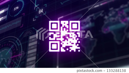 Glowing purple QR code floating on dark dashboard, with neon gauge, chart and world map grid Glowing purple QR code floating on dark dashboard, with neon gauge, chart and world map grid 133288138