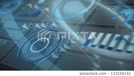 Displaying dashboard interface, with HUD gauges, arrow clusters, data charts and world map on grid 133288142