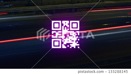 Hovering QR code shining above highway lanes at night, with blurred vehicle light trails 133288145