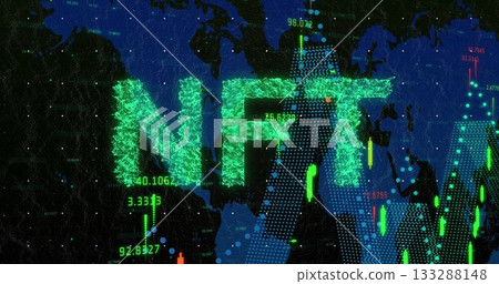 Displaying green NFT letters on world map dashboard, with candlestick bars and numeric data series Displaying green NFT letters on world map dashboard, with candlestick bars and numeric data series 133288148