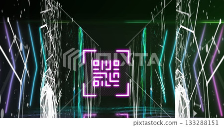 Glowing central magenta neon frame floating in virtual tech corridor, reflecting particles on floor 133288151