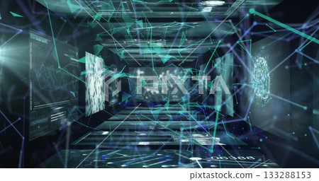 Extending holographic network corridor unfolding within virtual reality tunnel, with data panels 133288153