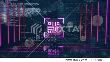 Pulsing neon magenta QR-like code symbol hovering over network, showing magenta bars, data nodes Pulsing neon magenta QR-like code symbol hovering over network, showing magenta bars, data nodes 133288168