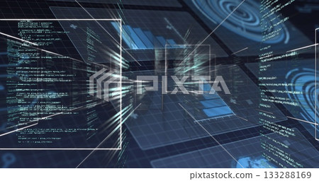 Displaying central 3D grid structure glowing in data hub, with floating code windows and bar charts Displaying central 3D grid structure glowing in data hub, with floating code windows and bar charts 133288169