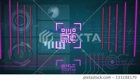 Scanning neon magenta frame highlighting QR-code-like symbol at high-tech panel, with HUD graphics Scanning neon magenta frame highlighting QR-code-like symbol at high-tech panel, with HUD graphics 133288170
