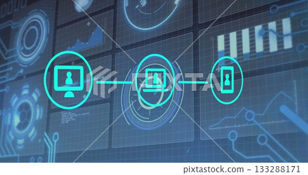 Visualizing network connecting monitor, laptop targeting, smartphone on blue grid, data panels Visualizing network connecting monitor, laptop targeting, smartphone on blue grid, data panels 133288171
