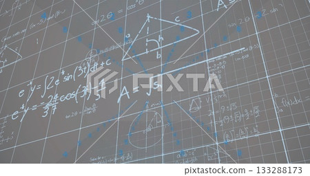 Displaying digital grid on grey plane, showing white and blue formulas, shapes and axes 133288173
