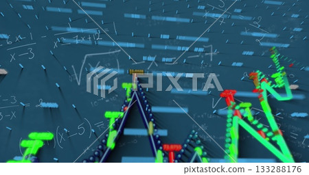 Hovering 3D graph above grid surface at data dashboard, with neon green, red nodes and equations Hovering 3D graph above grid surface at data dashboard, with neon green, red nodes and equations 133288176