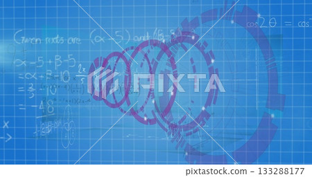 Overlapping purple concentric HUD elements floating on light-blue grid screen, with chalk equations Overlapping purple concentric HUD elements floating on light-blue grid screen, with chalk equations 133288177