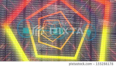 Displaying dashboard showing neon hexagon outlines over code columns, with device-icon overlays 133288178