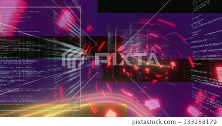 Vortex of red-pink fragments spiraling in digital scene, with code panels and yellow light streaks Vortex of red-pink fragments spiraling in digital scene, with code panels and yellow light streaks 133288179