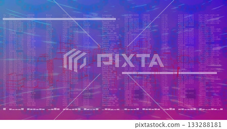 Displaying futuristic interface on computer screen, showing code columns and red wireframe skyline Displaying futuristic interface on computer screen, showing code columns and red wireframe skyline 133288181
