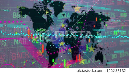 Displaying world map overlaid with colorful data points and bar charts, tickers, arrows on screen 133288182