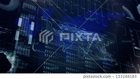 Holographic world map overlay hovering on grid in control room with streaming numeric data readouts Holographic world map overlay hovering on grid in control room with streaming numeric data readouts 133288183