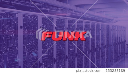 Running server bank emitting purple LEDs in data center with circuit doors and red FUNK text Running server bank emitting purple LEDs in data center with circuit doors and red FUNK text 133288189