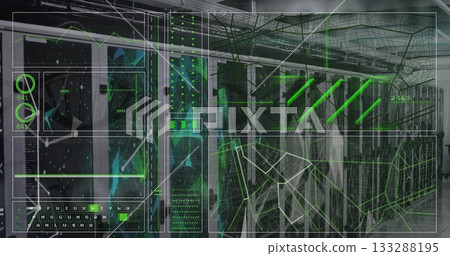 Displaying semi-transparent interface overlaying data center aisle, showing server racks and graphs Displaying semi-transparent interface overlaying data center aisle, showing server racks and graphs 133288195