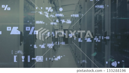 Showing corridor running through data center, with server racks, switches, cables, overlays 133288196