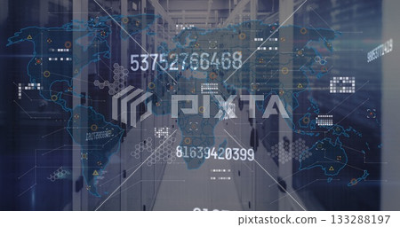Projecting digital world map overlay over data center aisle, with server racks and hex grids 133288197