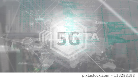 Displaying central 5G emblem streaming green code across world map interface, with network nodes 133288198