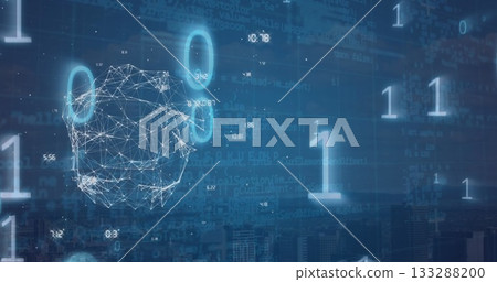 Hovering wireframe sphere over data landscape, with binary digits, code and city skyline silhouette Hovering wireframe sphere over data landscape, with binary digits, code and city skyline silhouette 133288200
