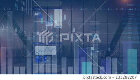 Translucent charts covering grid in boardroom, with candlestick, bar graphs and numeric labels 133288207