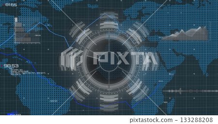 Central circular HUD rotating in digital interface, showing data graphics and readouts on grid map 133288208