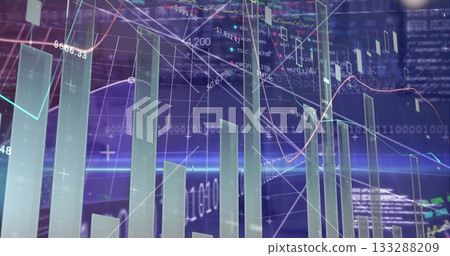 Showing 3D bar chart columns emerging on holographic grid, with line graphs and numeric labels 133288209