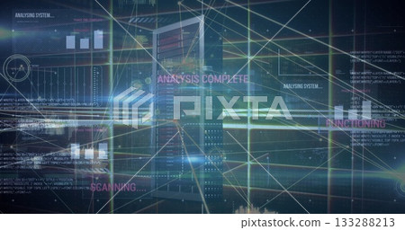 Streaming server rack showing bar charts, code and text labels in digital grid, with network lines Streaming server rack showing bar charts, code and text labels in digital grid, with network lines 133288213