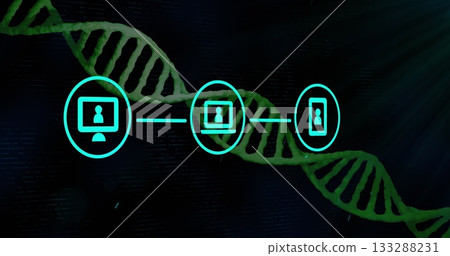 Showcasing desktop laptop smartphone icons connecting in abstract backdrop, with glowing DNA helix 133288231