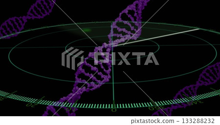 Floating purple DNA helix segments above virtual radar display, with green concentric gridlines Floating purple DNA helix segments above virtual radar display, with green concentric gridlines 133288232