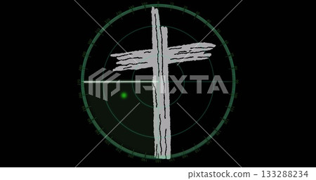 Displaying rough brush cross at center on radar grid display, showing bright green blip 133288234