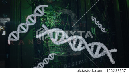 Largest white DNA double helix structure floating in data center, with green LEDs and security code 133288237