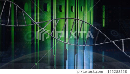 Twisting metallic DNA helix spanning digital space, with data bars, code overlays, planet curvature Twisting metallic DNA helix spanning digital space, with data bars, code overlays, planet curvature 133288238